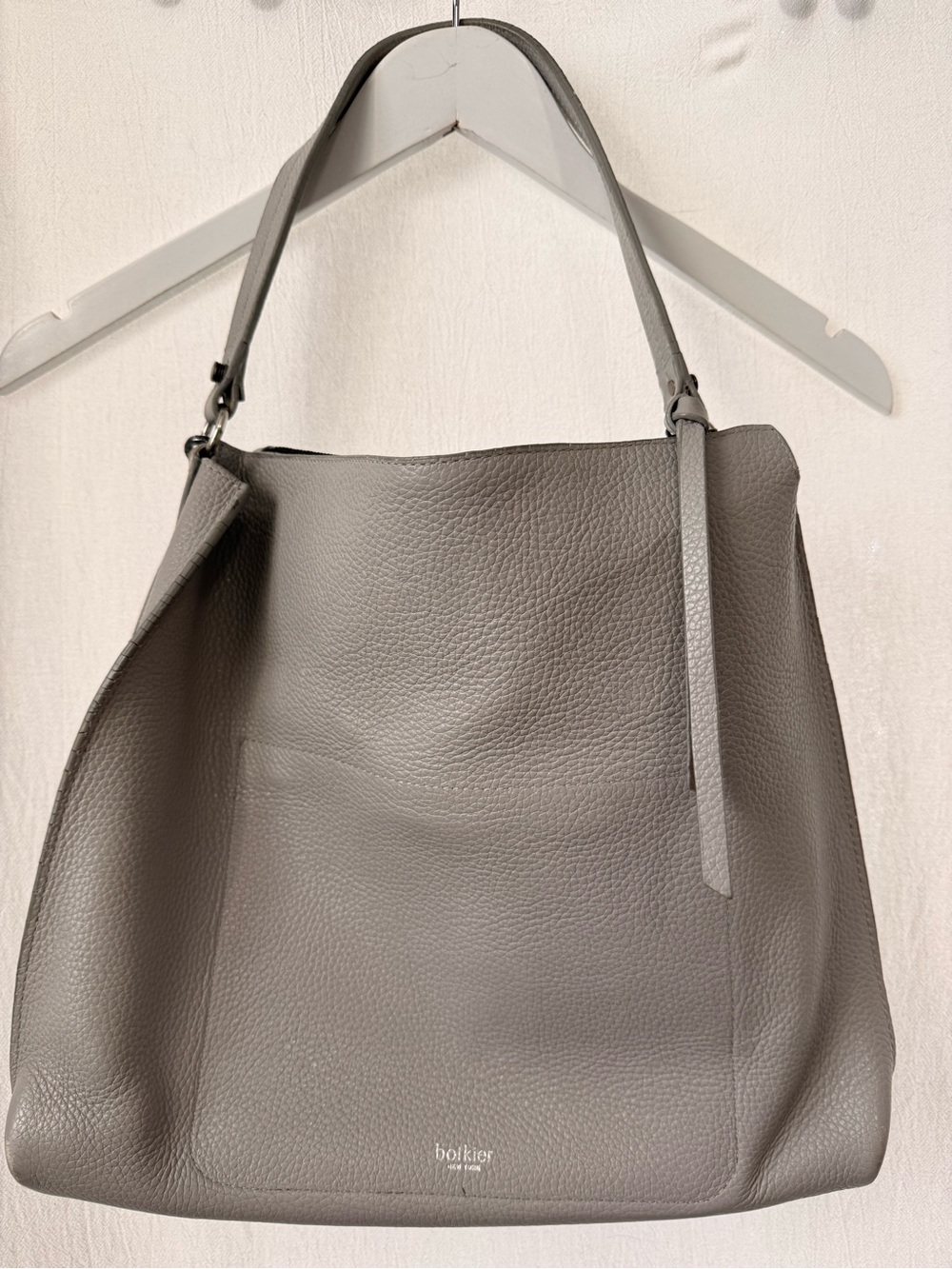 Botkier, Gray Leather Tote, Single Handle, Zippered, Silver Interior